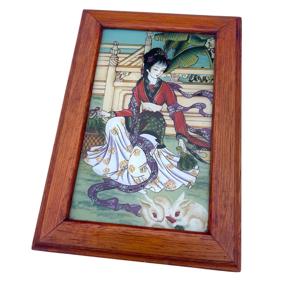 Vintage Asian Lady Wood Jewelry Box Glass Lid Red Velvet Ring Organizer